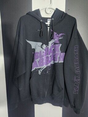 Vintage Black Sabbath Graphic Zip Hoodie - Black with Purple & Gray Logo